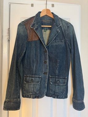 Ralph Lauren Denim Blazer Jacket with Brown Leather Patch - Women's Blue Jacket